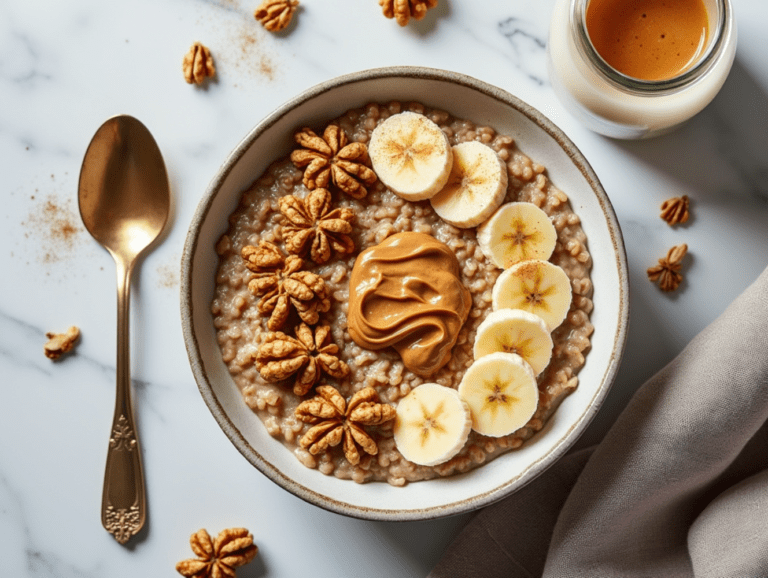 A bowl of Banana Nut Oatmeal topped with banana slices, walnuts, and a generous dollop of peanut butter.