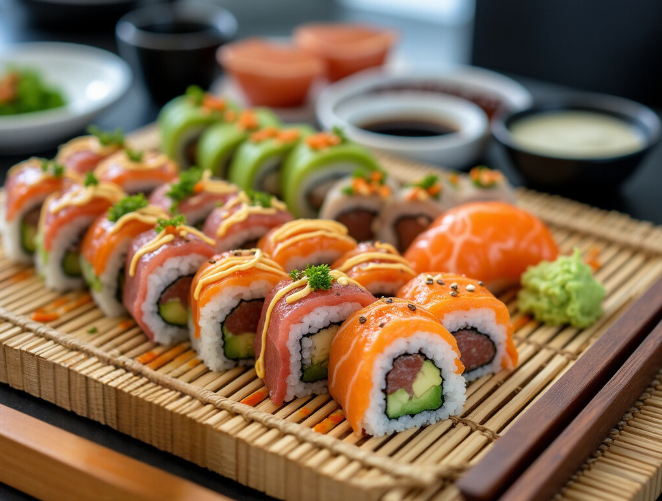 An assortment of sushi rolls with fish, avocado, and rice, drizzled with spicy mayo, served on a bamboo mat.