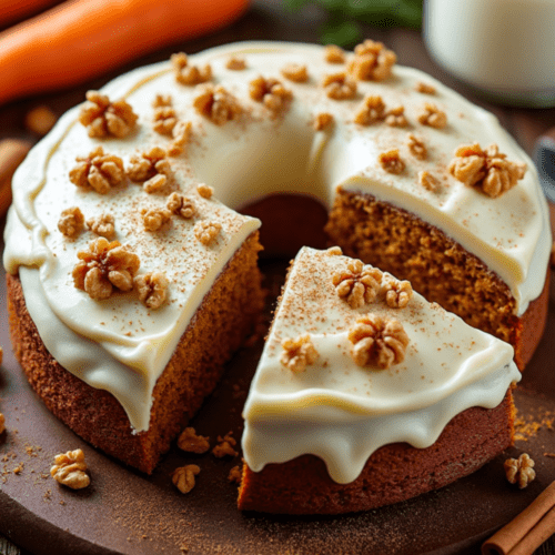 A ring-shaped spiced carrot cake topped with cream cheese frosting and walnuts, with a slice removed.