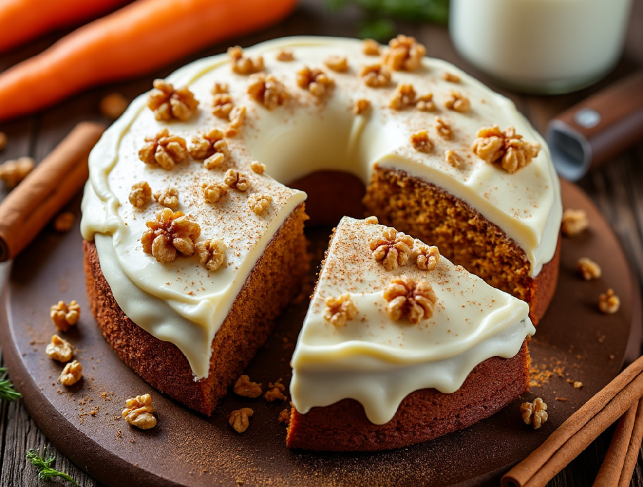 A ring-shaped spiced carrot cake topped with cream cheese frosting and walnuts, with a slice removed.