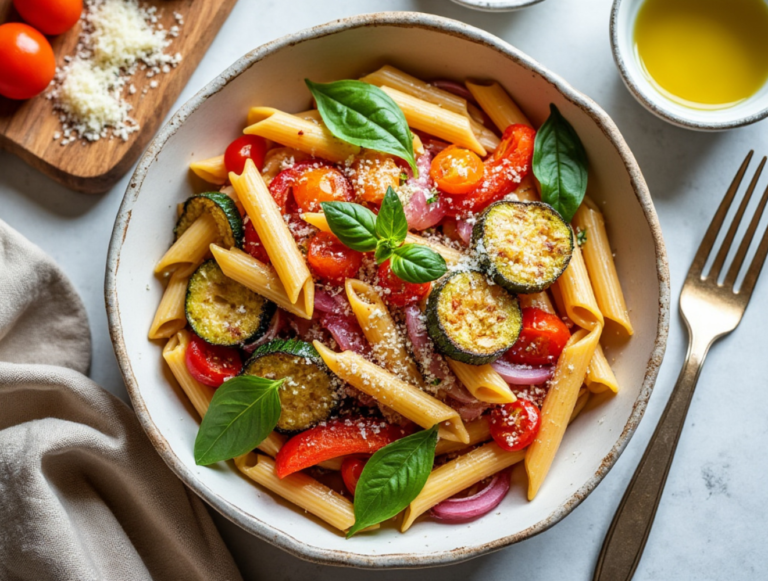 Roasted Veggie Pasta with cherry tomatoes, zucchini, and fresh herbs.