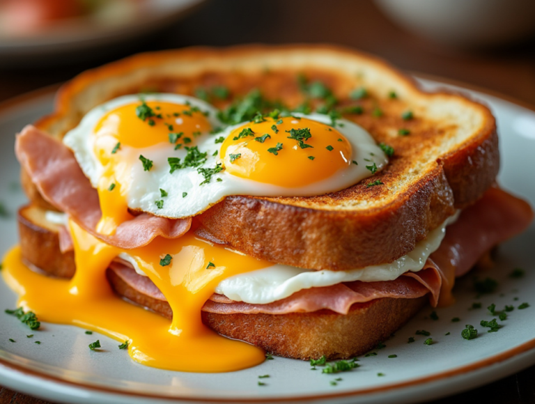 A Cuban breakfast sandwich with ham, cheese, and two fried eggs garnished with fresh herbs.