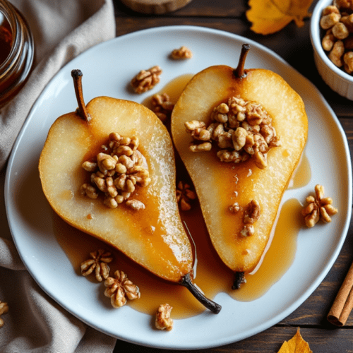 Two baked pear halves topped with maple syrup and walnuts, served on a white plate with warm autumn decor in the background.