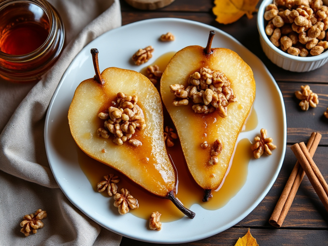 Two baked pear halves topped with maple syrup and walnuts, served on a white plate with warm autumn decor in the background.