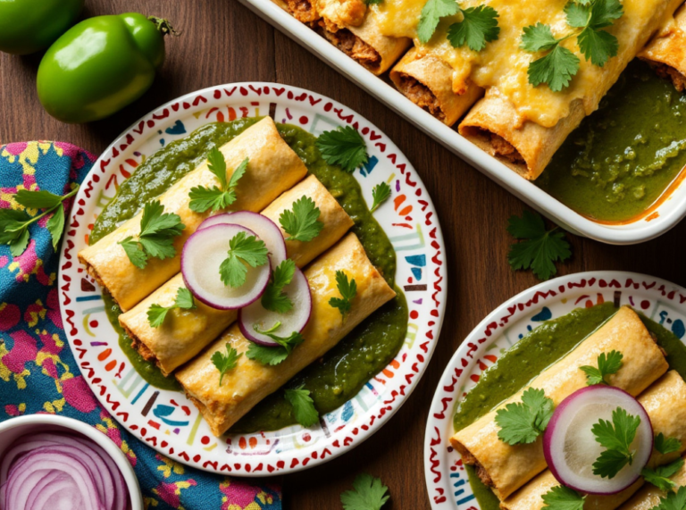 A close-up of enchiladas verdes de pollo topped with salsa verde, red onion, and cilantro on a colorful plate.