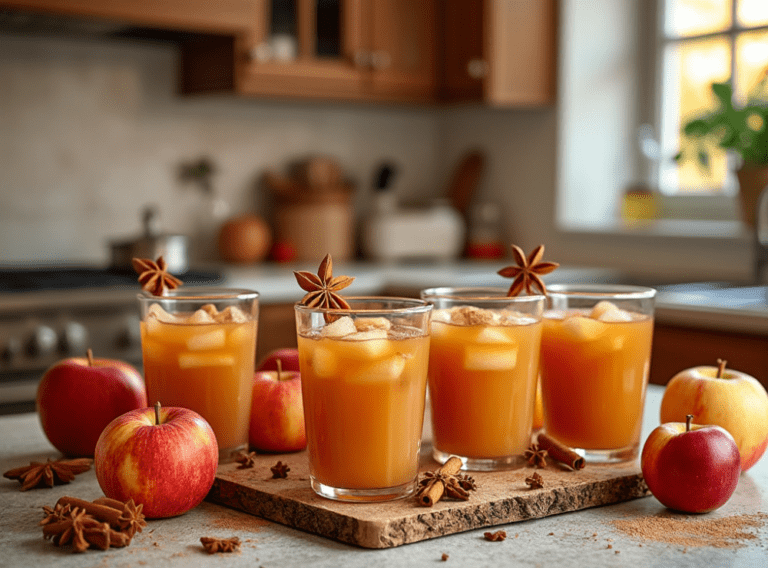 Four glasses of spiced apple cider garnished with star anise, set on a rustic wooden tray with apples and spices in a warm kitchen setting.