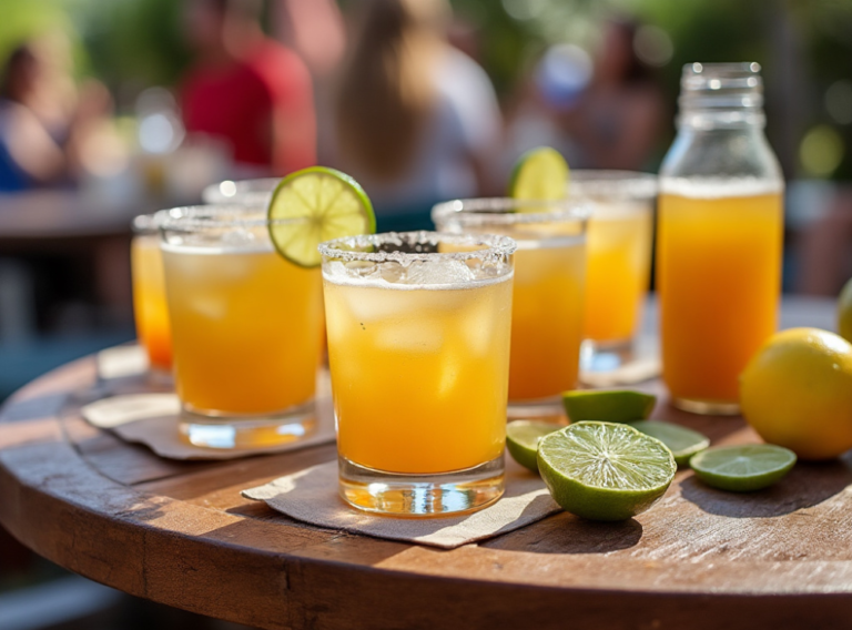 Multiple glasses of Pisco Sour cocktails garnished with lime slices, served outdoors on a wooden table with people mingling in the background.