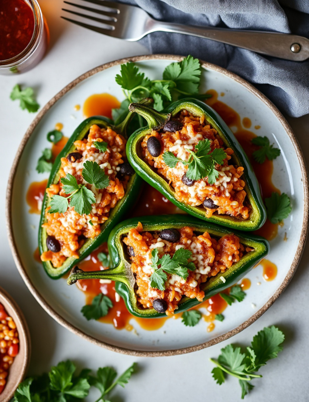 Three poblano peppers stuffed with rice, beans, and cheese, garnished with cilantro and served with a drizzle of sauce.