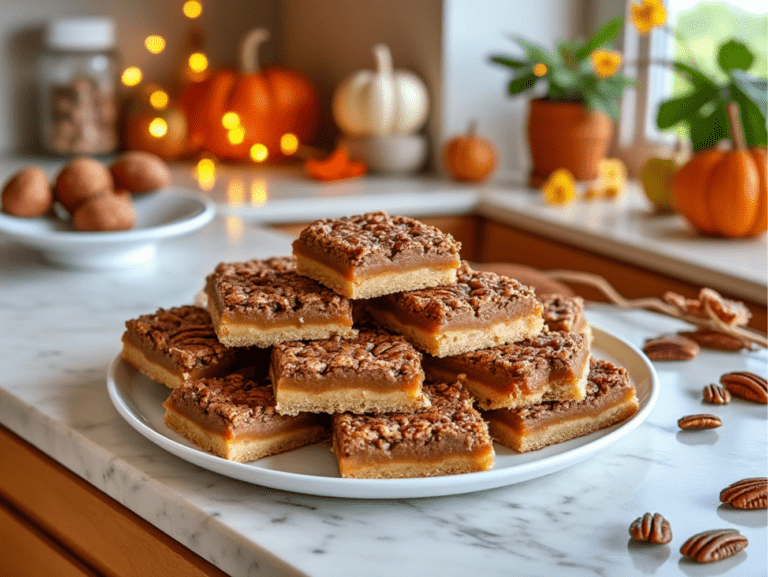 A large plate of pecan pie bars with pumpkins and warm lighting in a homey kitchen.