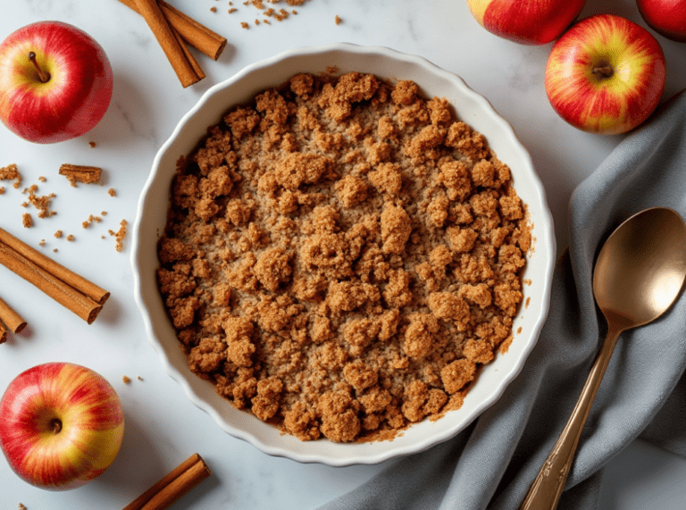 Apple Cinnamon Crisp in a round baking dish, surrounded by fresh apples and cinnamon sticks.