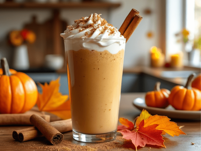 Delicious creamy Pumpkin Pie Smoothie in a tall glass, garnished with whipped cream and cinnamon, surrounded by mini pumpkins and fall leaves.