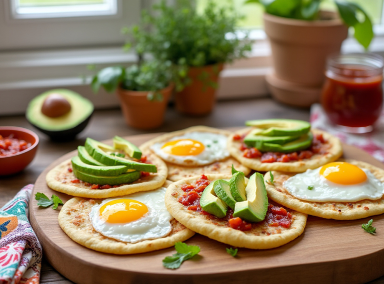 Multiple arepas topped with avocado slices and sunny-side-up eggs on a wooden board.