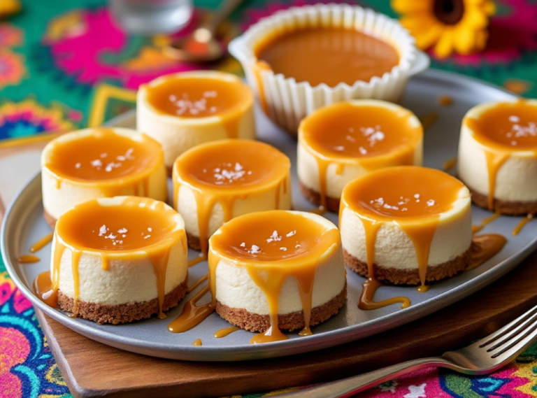 Mini Dulce de Leche Cheesecakes topped with caramel glaze and sea salt on a serving platter.