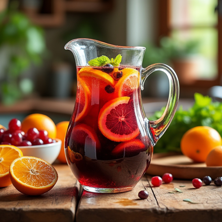 A clear pitcher of sangria with fresh orange slices, berries, and mint.