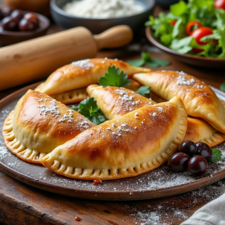 Golden baked beef empanadas with parsley garnish and olives on the side