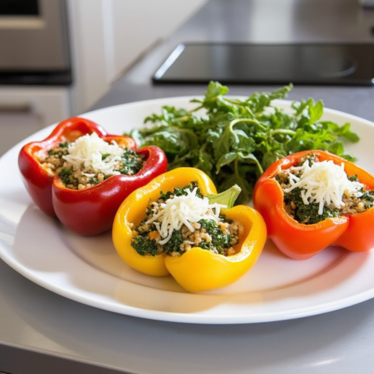 Red and yellow bell peppers stuffed with kale and quinoa, topped with melted cheese, served with fresh greens.