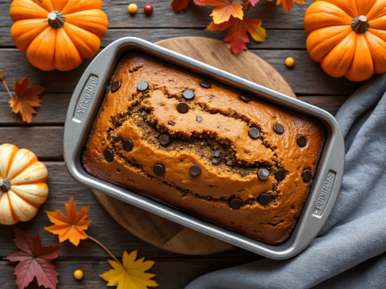 A loaf of chocolate chip pumpkin bread fresh out of the oven in a baking pan, surrounded by autumn-themed decor like pumpkins and leaves.