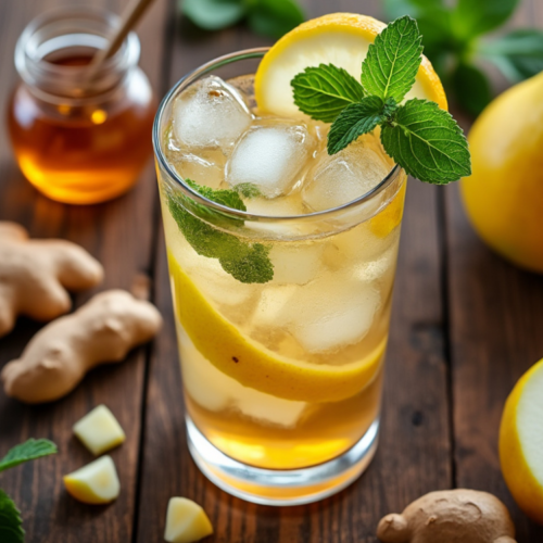 Sparkling Pear and Ginger beverage with lemon and honey on a rustic table