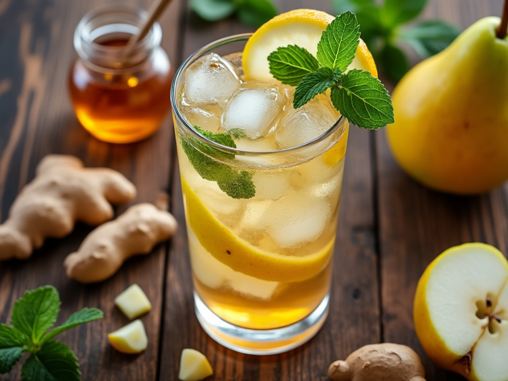 Sparkling Pear and Ginger beverage with lemon and honey on a rustic table