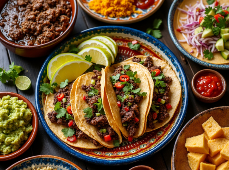 A plate of Carne Asada Tacos with lime wedges, guacamole, and salsa on the side.