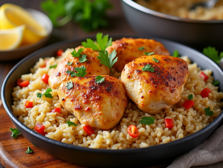 Crispy chicken thighs served over seasoned rice with parsley and red pepper flakes in a shallow bowl.