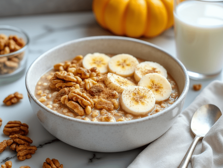 A cozy bowl of Banana Nut Oatmeal topped with bananas, walnuts, and cinnamon, served with a glass of milk.