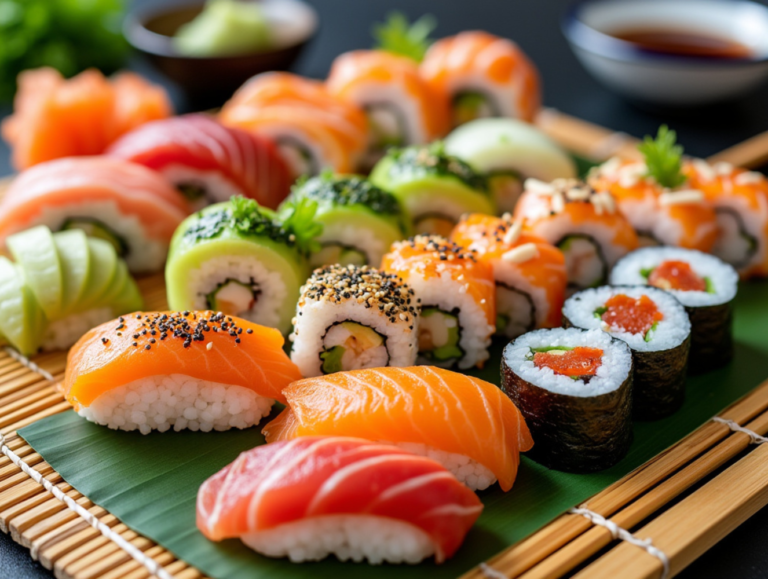 A vibrant assortment of sushi rolls, including salmon, tuna, avocado, and cucumber, displayed on a bamboo mat.