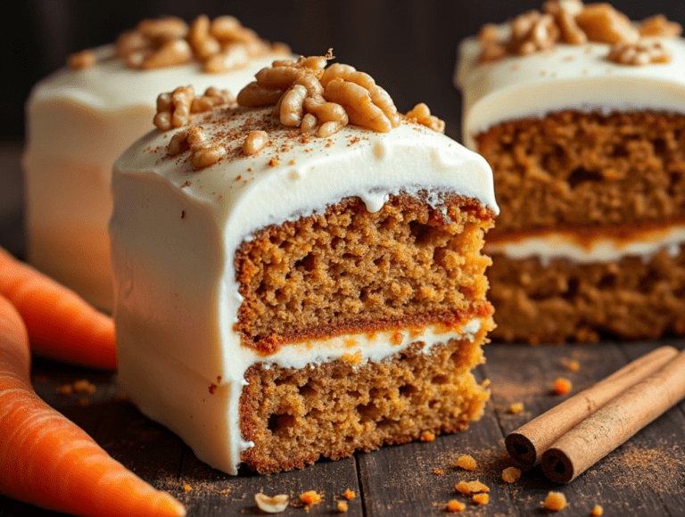 A square slice of spiced carrot cake with cream cheese frosting and walnuts on top, set on a wooden table with cinnamon sticks and carrots around.