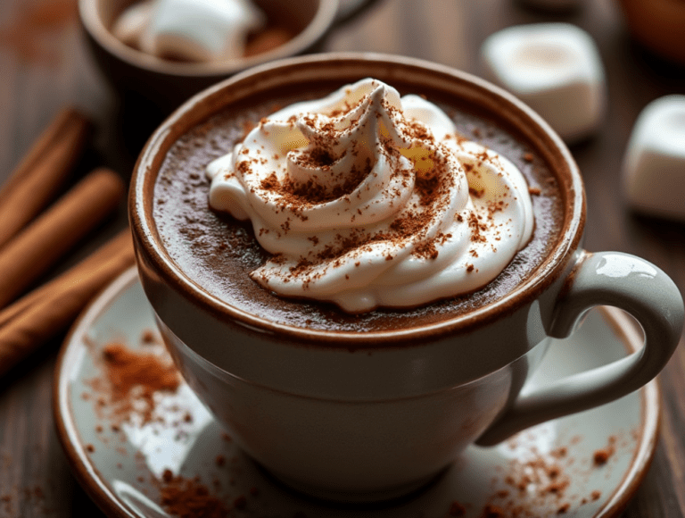 A cup of hot chocolate topped with whipped cream and cinnamon on a white saucer, surrounded by cinnamon sticks and marshmallows.