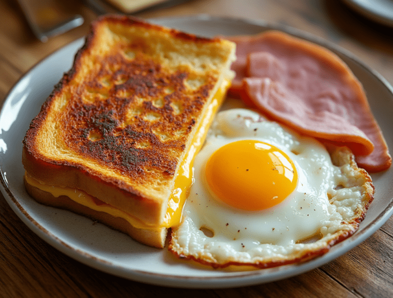 A simple plate with a grilled Cuban sandwich, ham slices, and a fried egg.