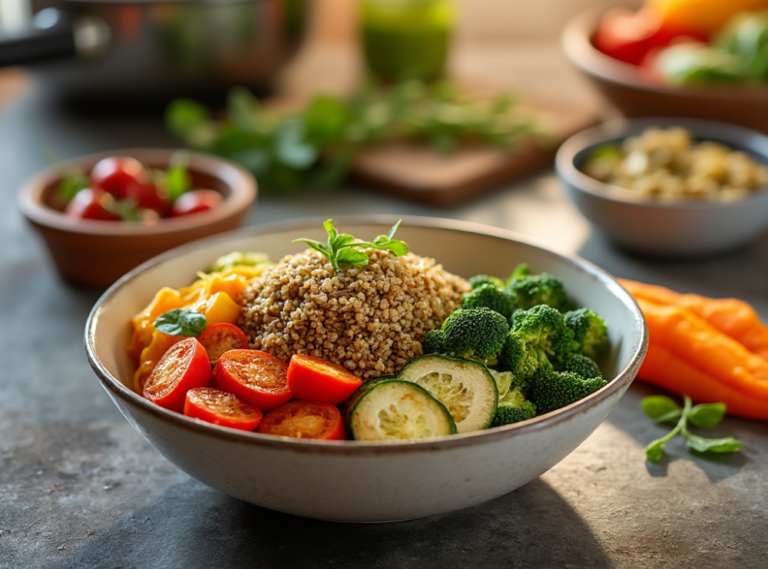 A wholesome quinoa bowl featuring roasted tomatoes, broccoli, zucchini, and fresh herbs, served in a rustic bowl.