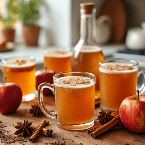 Glass mugs filled with warm spiced apple cider on a rustic table, with cinnamon sticks and fresh apples, evoking a cozy autumnal atmosphere.