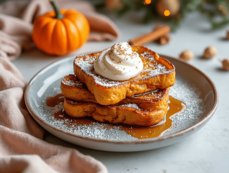 A stack of pumpkin spice French toast topped with whipped cream and dusted with powdered sugar, served with maple syrup