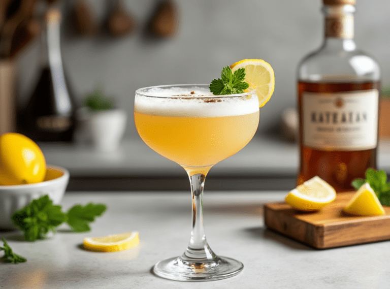 A single Pisco Sour cocktail served in a coupe glass, garnished with a lemon slice and a sprig of mint, with a bottle of Pisco and lemon wedges in the background.