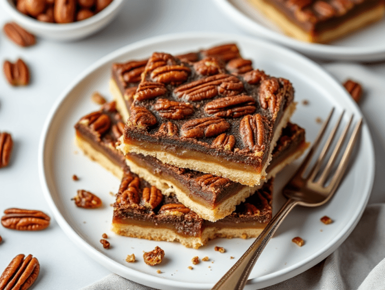 Close-up of pecan pie bars stacked on a white plate, showing the gooey pecan filling and crisp crust.