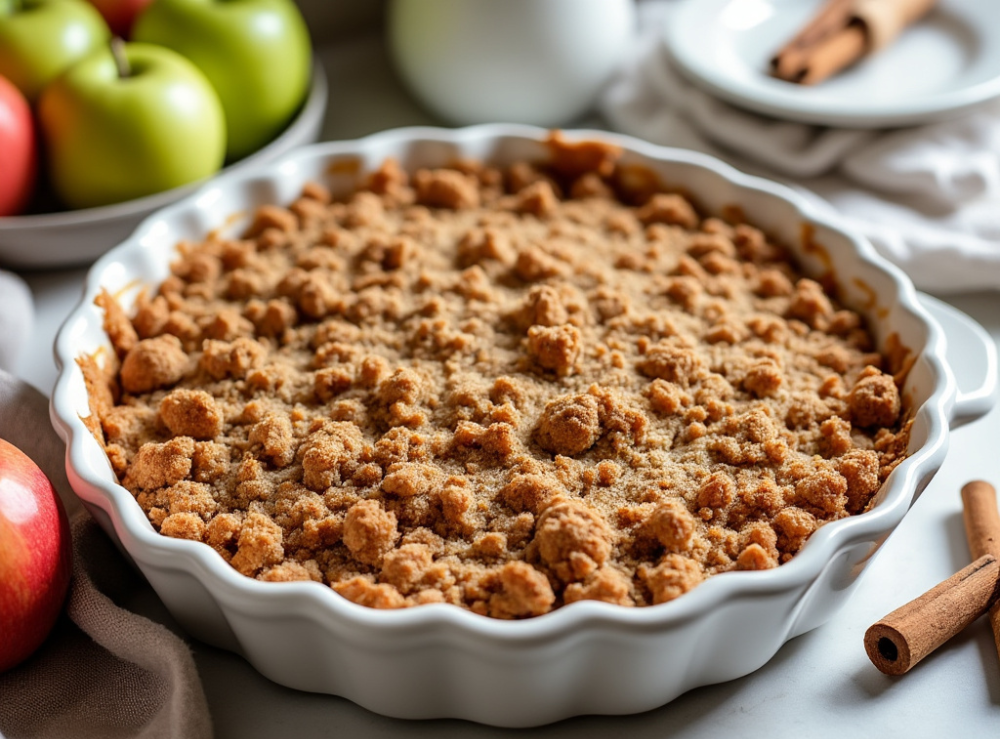 Close-up of freshly baked Apple Cinnamon Crisp with a golden, crumbly topping.