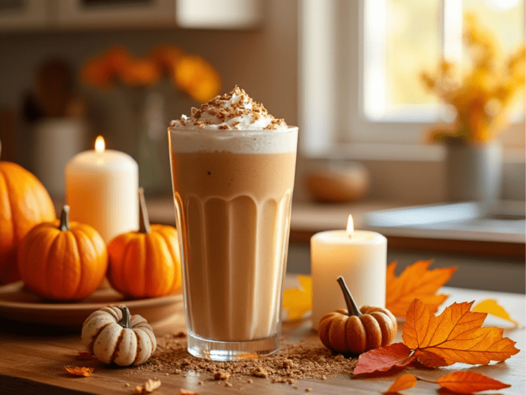 Delicious creamy Pumpkin Pie Smoothie in a tall glass, garnished with whipped cream and cinnamon, surrounded by mini pumpkins and fall leaves.