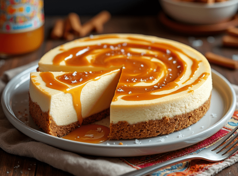 A Dulce de Leche Cheesecake with a slice cut out, showcasing the creamy texture inside.