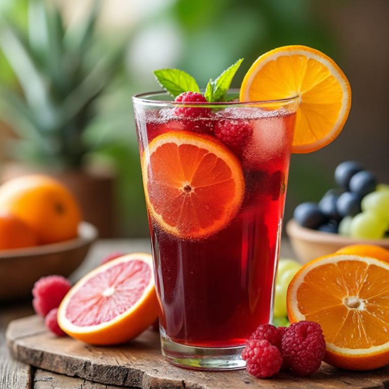 A single glass of sangria garnished with orange slices and raspberries.