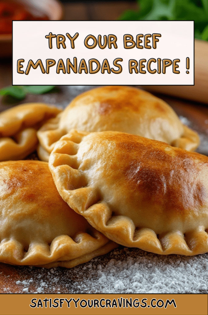 Homemade beef empanadas arranged on a wooden board with rolling pin and salad in the background