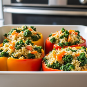 Bell peppers stuffed with quinoa and kale, garnished with diced red bell peppers, ready to be baked in a white baking dish.