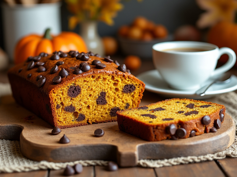 A cozy setting featuring a slice of chocolate chip pumpkin bread on a wooden board, accompanied by a cup of coffee and mini pumpkins in the background.