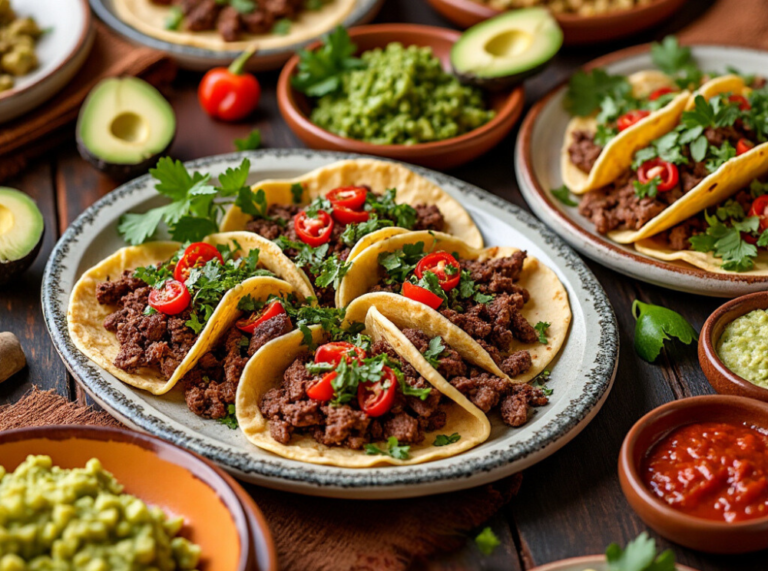 A beautifully presented plate of Carne Asada Tacos with lime wedges, guacamole, and corn, surrounded by other Mexican dishes.