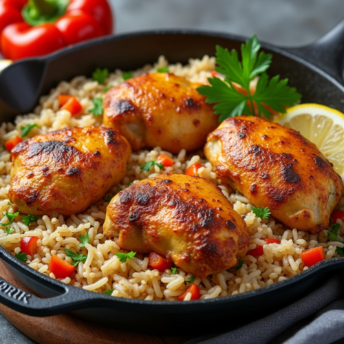 Chicken thighs with crispy skin on top of rice, garnished with parsley, served with lemon wedges in a cast iron skillet.