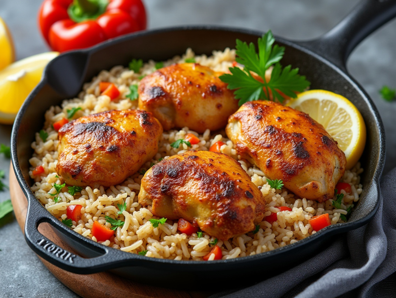 Chicken thighs with crispy skin on top of rice, garnished with parsley, served with lemon wedges in a cast iron skillet.