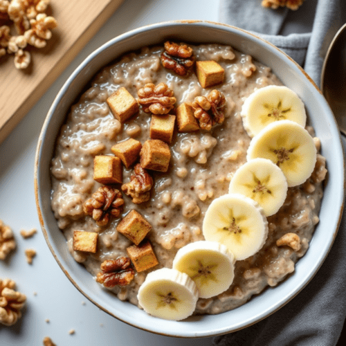 A colorful bowl of Banana Nut Oatmeal topped with banana slices, cubed apples, and walnuts.