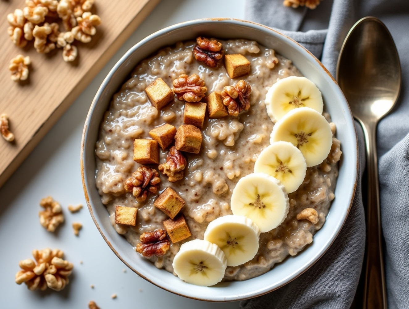 A colorful bowl of Banana Nut Oatmeal topped with banana slices, cubed apples, and walnuts.
