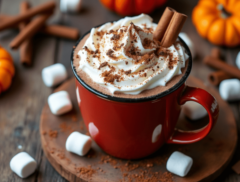 A red mug filled with hot chocolate, topped with whipped cream, cinnamon, and a cinnamon stick, surrounded by marshmallows and pumpkins.