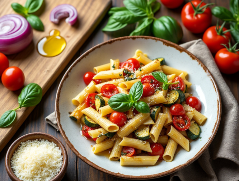 Roasted Veggie Pasta with zucchini, cherry tomatoes, and Parmesan.