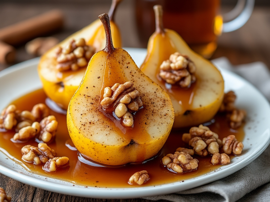 Three baked pears with maple syrup and walnut topping served on a white plate, surrounded by rustic fall elements and cinnamon sticks.